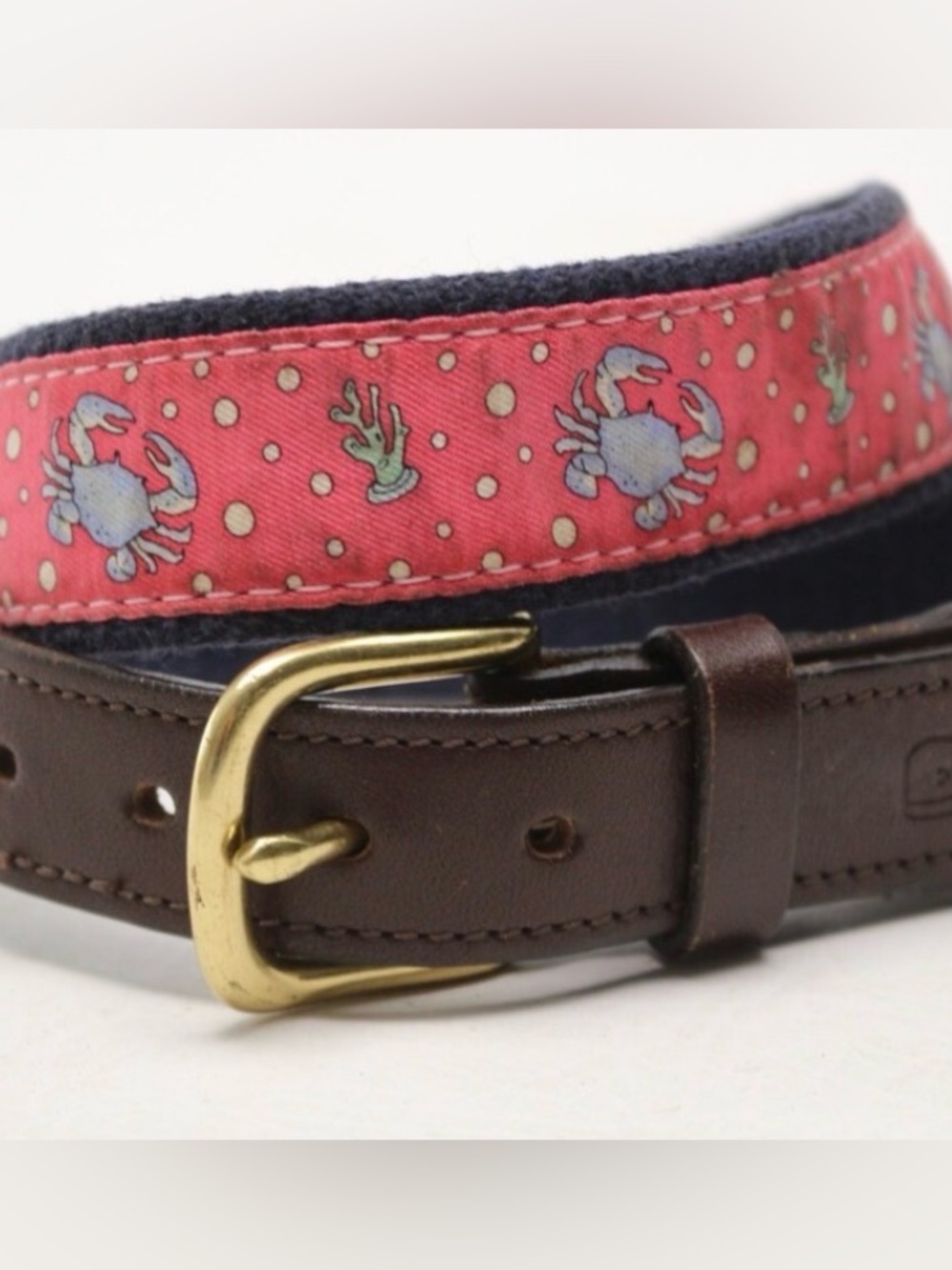 Vineyard Vines Men's Brown Leather Belt with Pink Crab-Print Fabric Trim